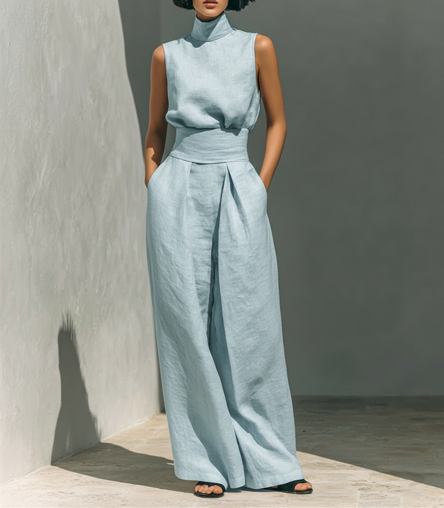Casual Sleeveless Suit Summer Stand-up Collar Pullover Top And Loose Straight-leg Trousers Women's Clothing - Image 7