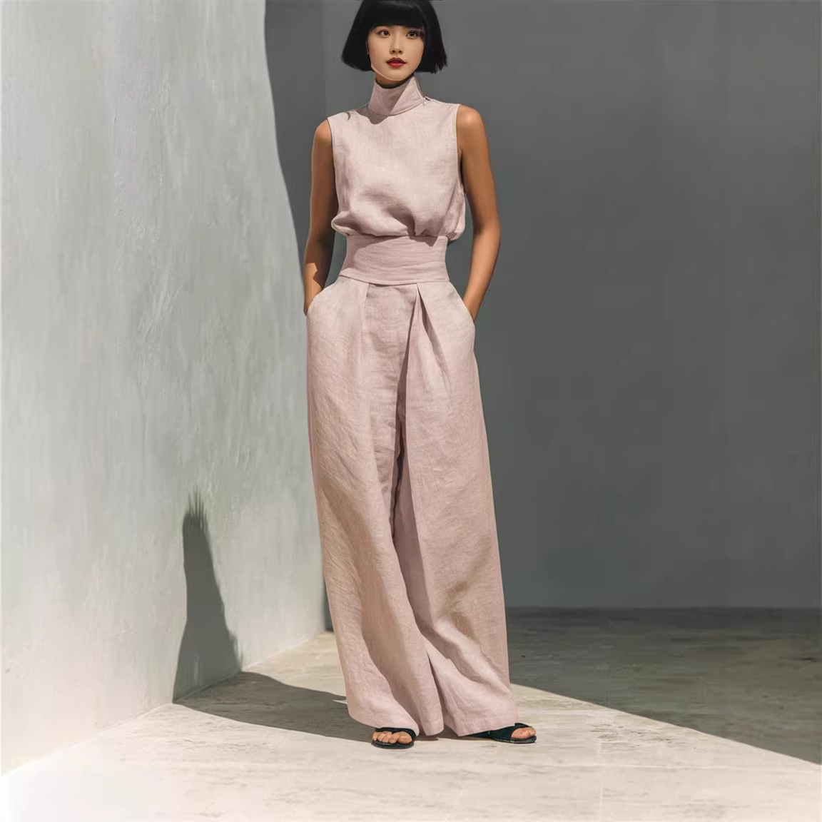 Casual Sleeveless Suit Summer Stand-up Collar Pullover Top And Loose Straight-leg Trousers Women's Clothing - Image 2