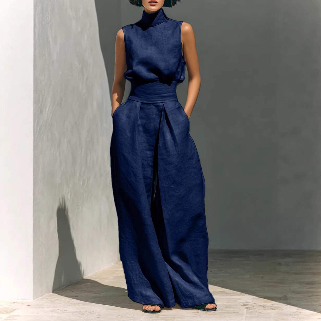 Casual Sleeveless Suit Summer Stand-up Collar Pullover Top And Loose Straight-leg Trousers Women's Clothing - Image 6