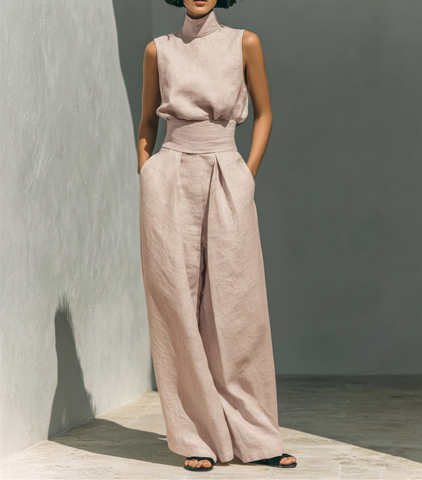 Casual Sleeveless Suit Summer Stand-up Collar Pullover Top And Loose Straight-leg Trousers Women's Clothing - Image 10