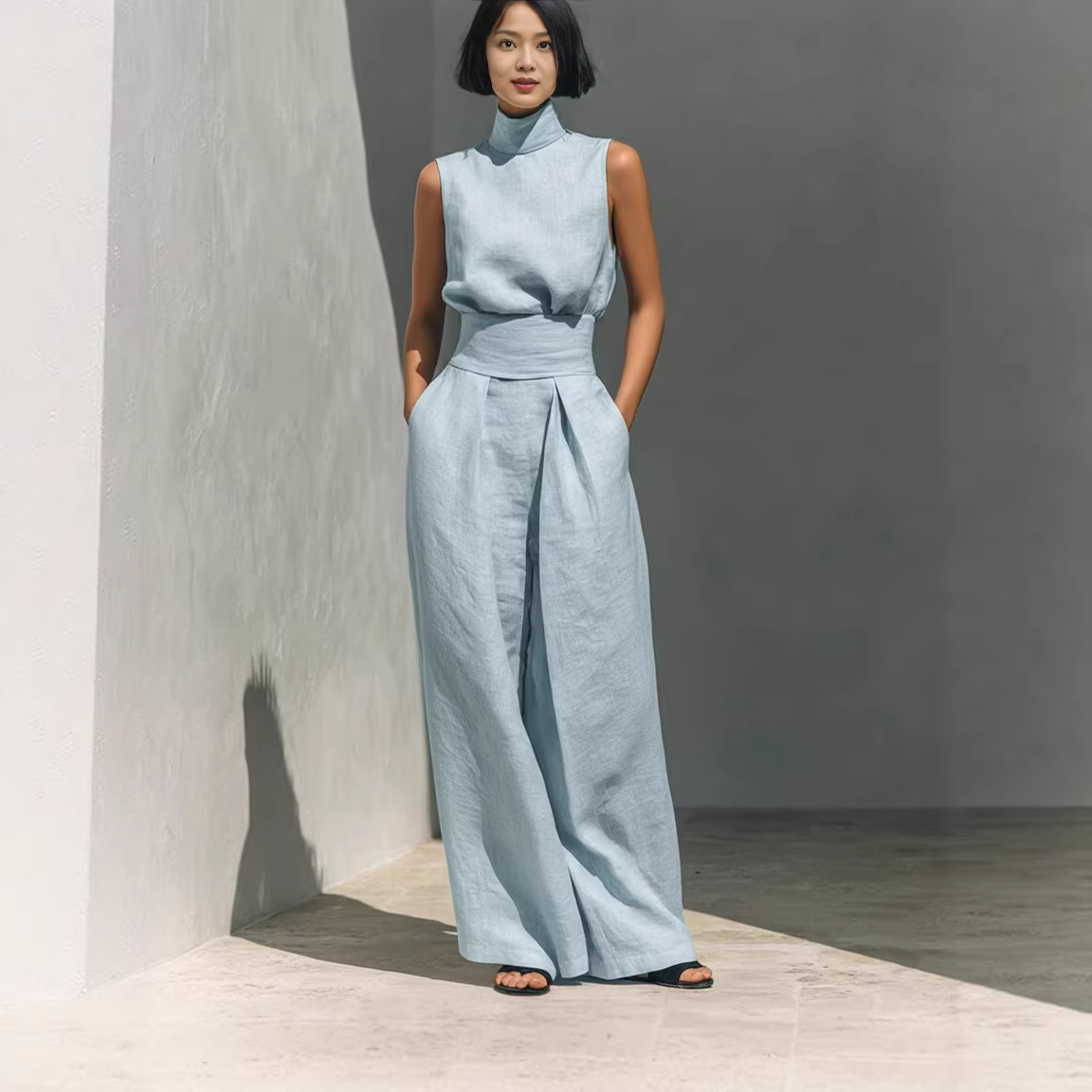 Casual Sleeveless Suit Summer Stand-up Collar Pullover Top And Loose Straight-leg Trousers Women's Clothing - Image 5