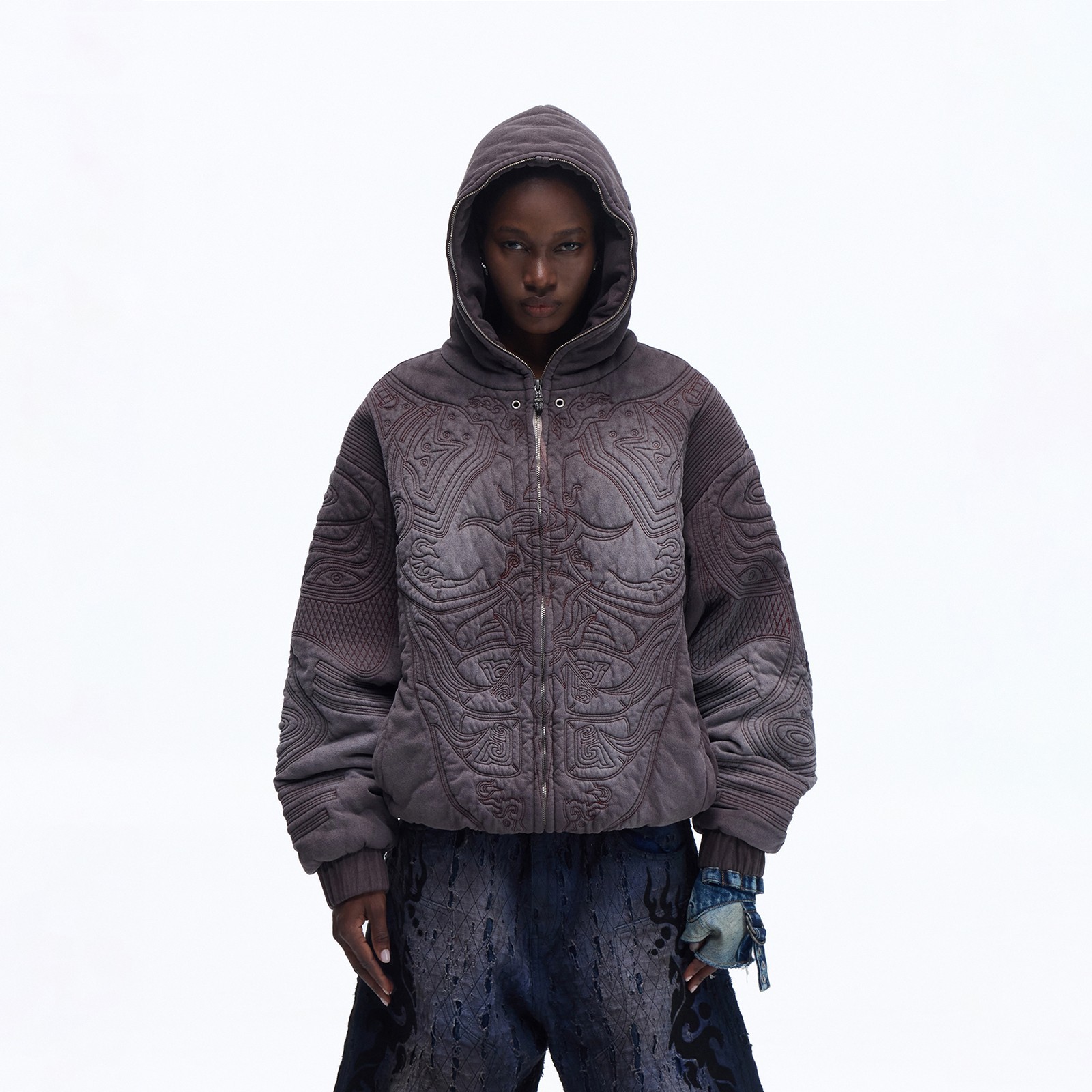 Sun Totem Fully Embroidered Pre-Washed Distressed Sweatshirt - Image 3
