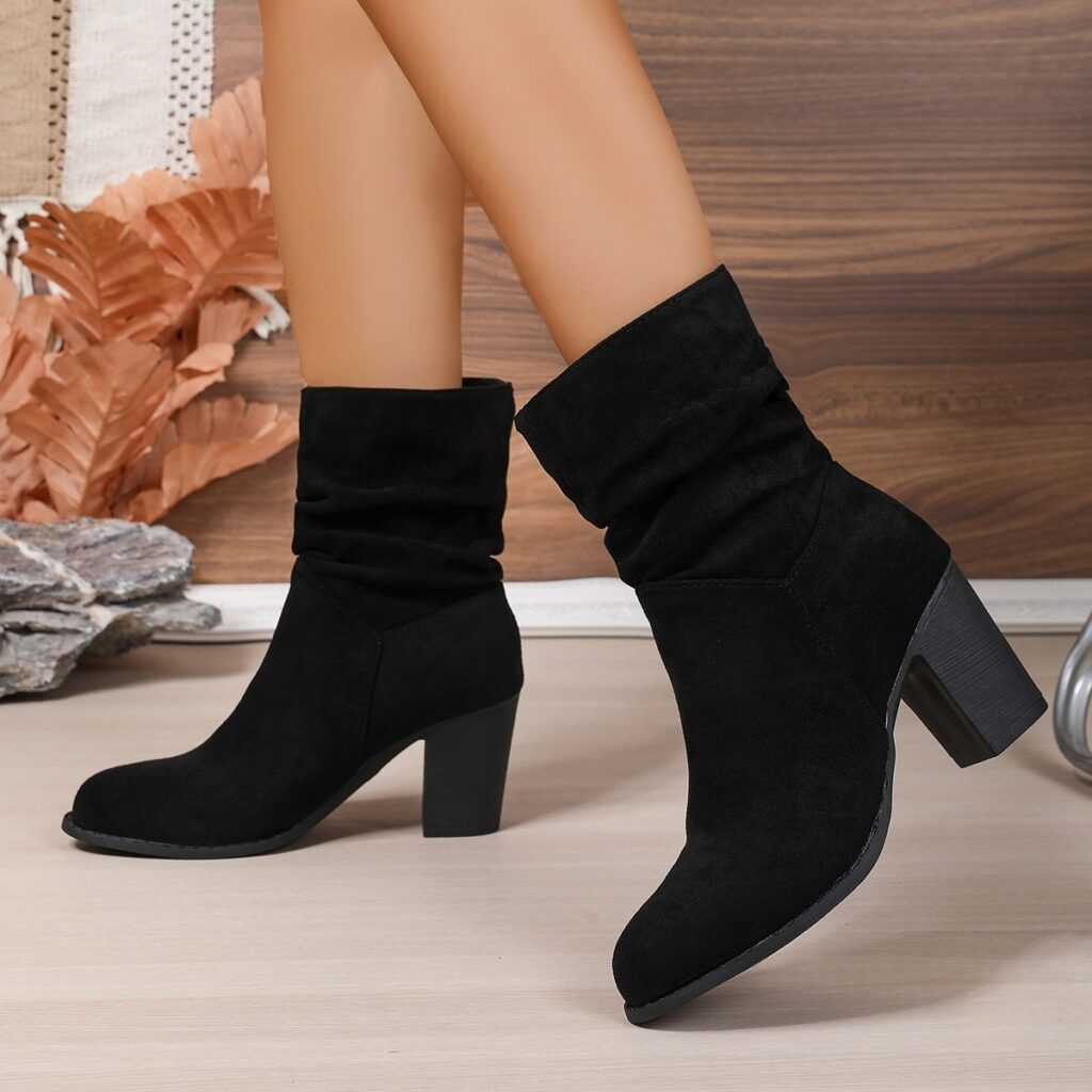 Womens Fashionable Plus-size Suede Chunky-heel Boots