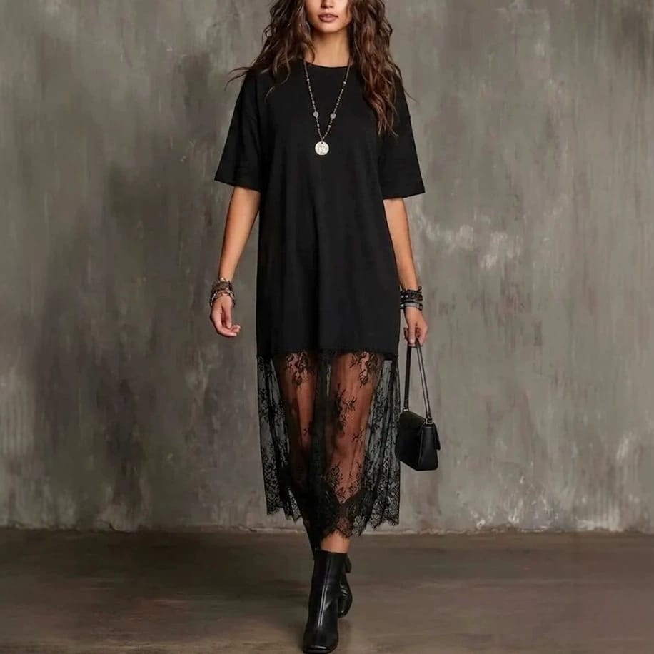 Womens Solid-Color Lace-Patchwork Short-Sleeve Dress