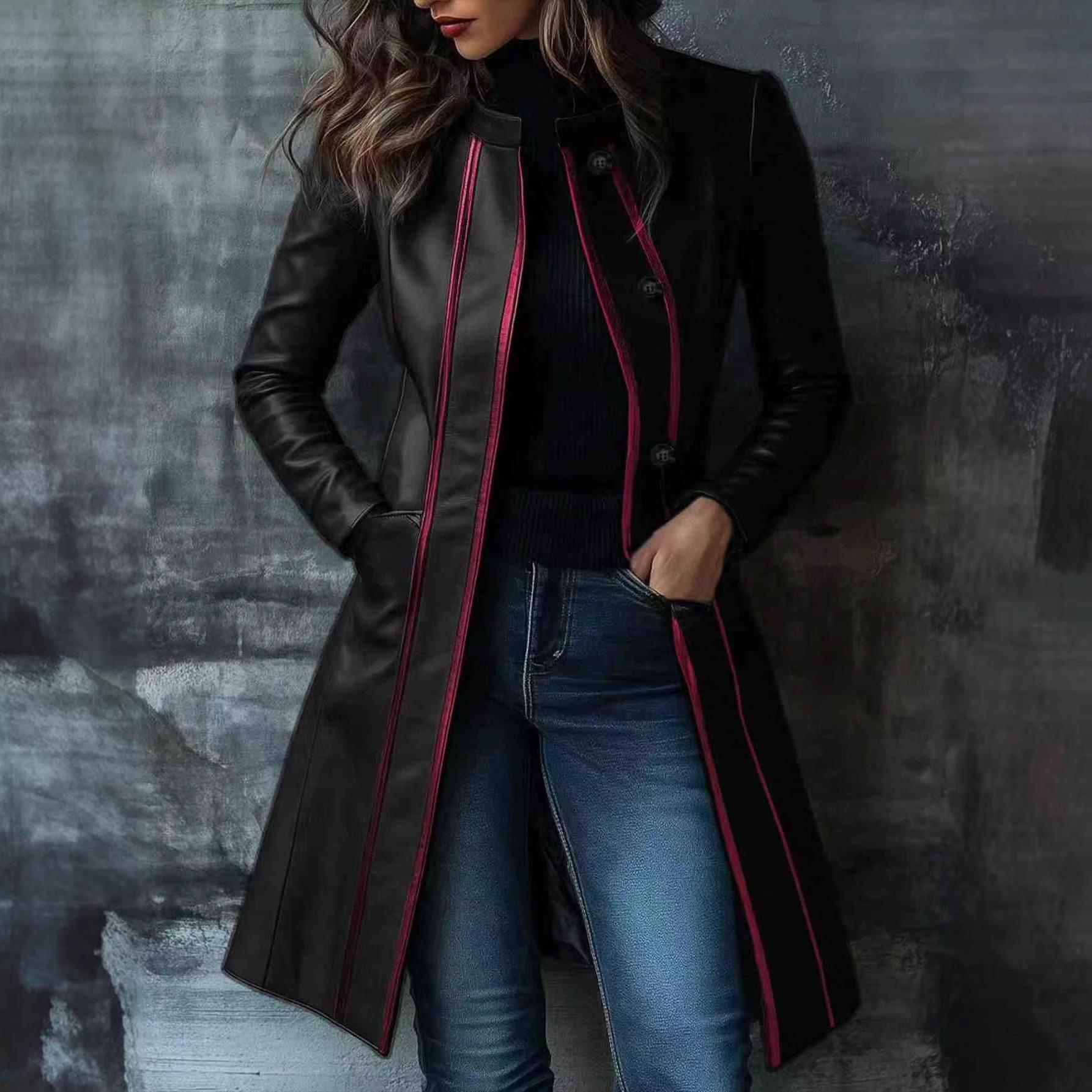 Retro Black Color-block Collar Leather Jacket Trench Coat