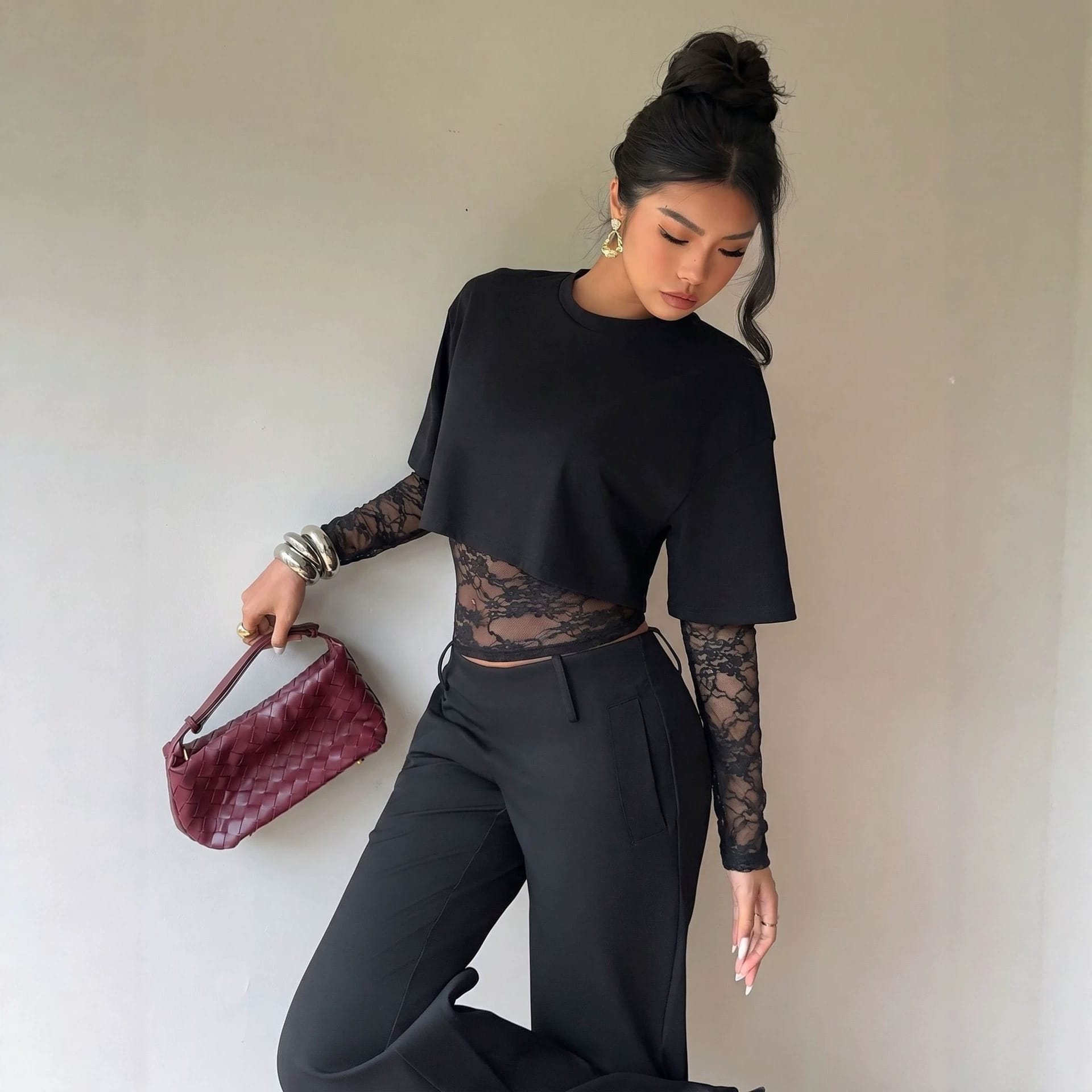 Autumn New Lace Splicing Waist Top - Image 2