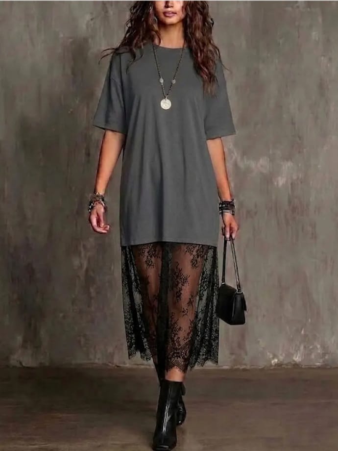 Womens Solid-Color Lace-Patchwork Short-Sleeve Dress - Image 5