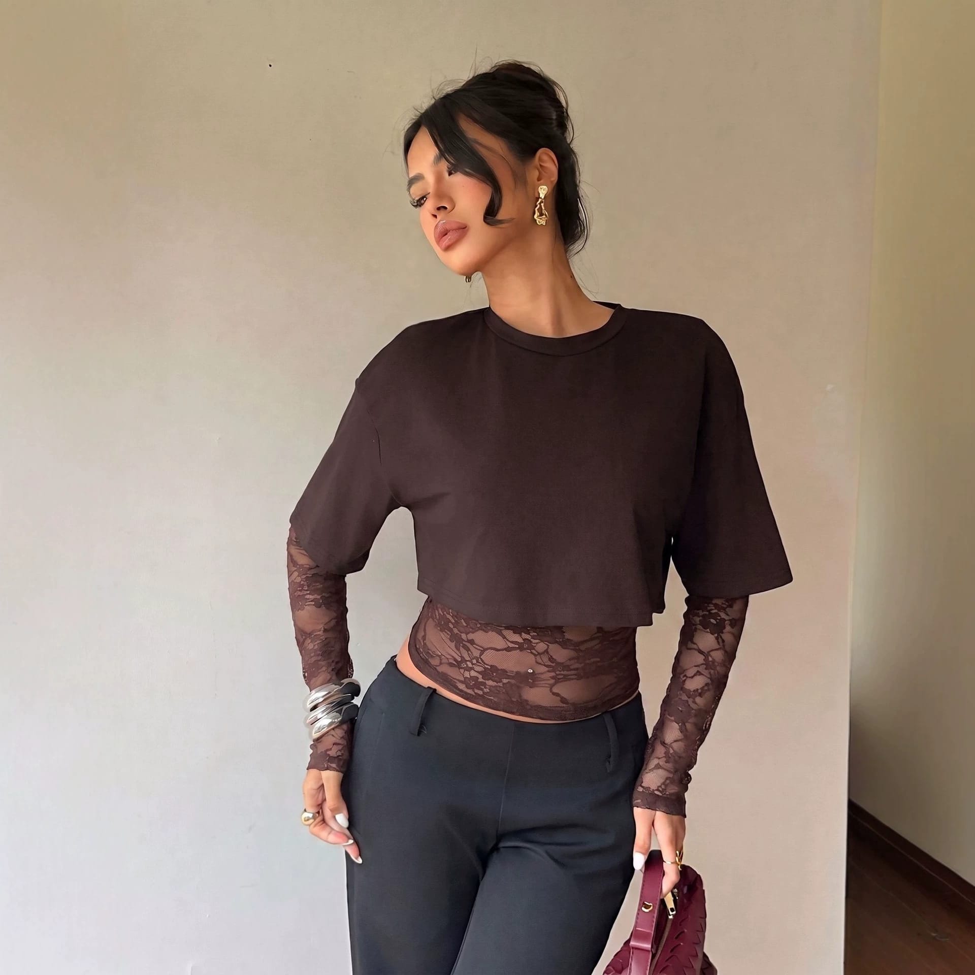Autumn New Lace Splicing Waist Top - Image 4