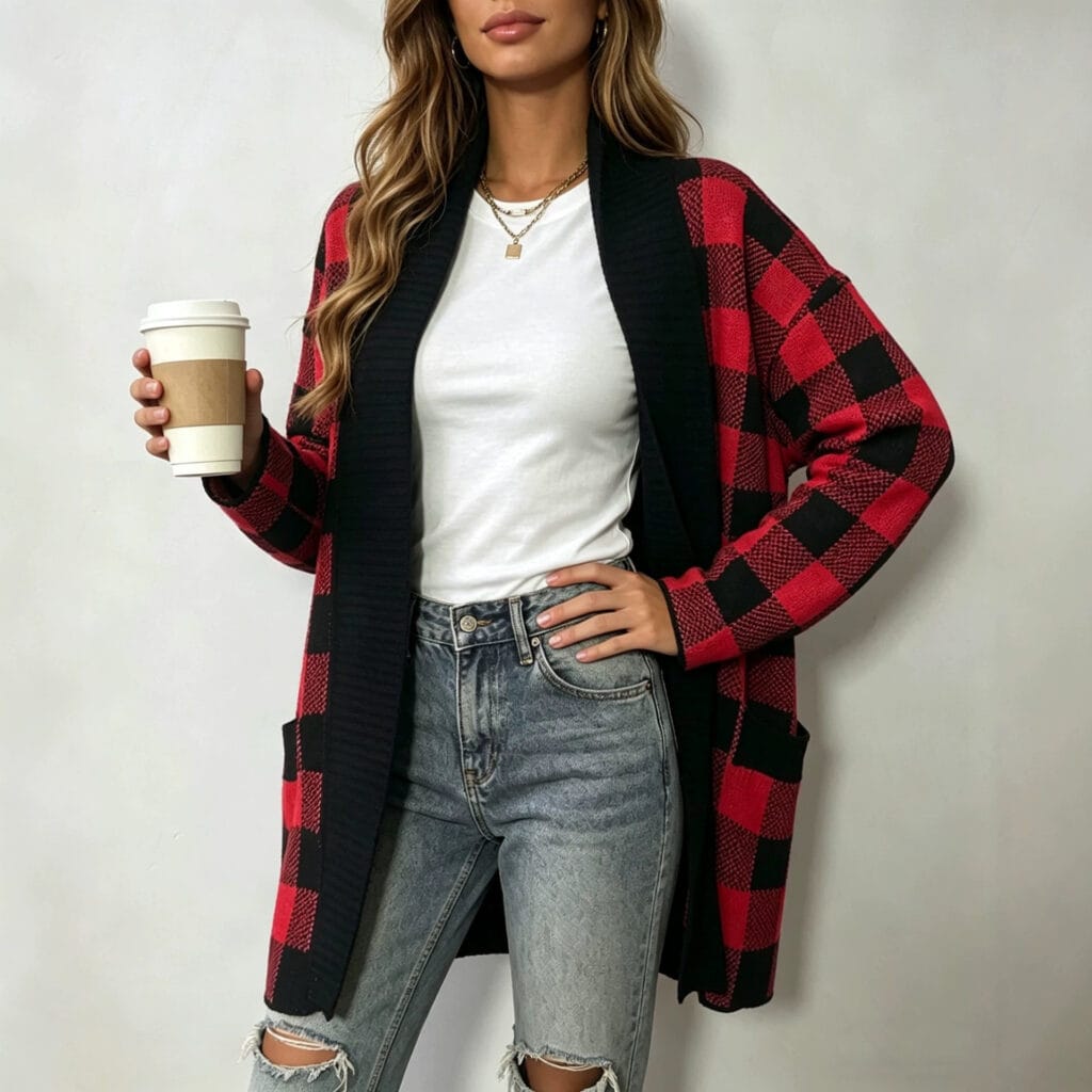 Plaid Pocket Cardigan Sweater Loose-Fit Plus-Size Womens Knit Jacket
