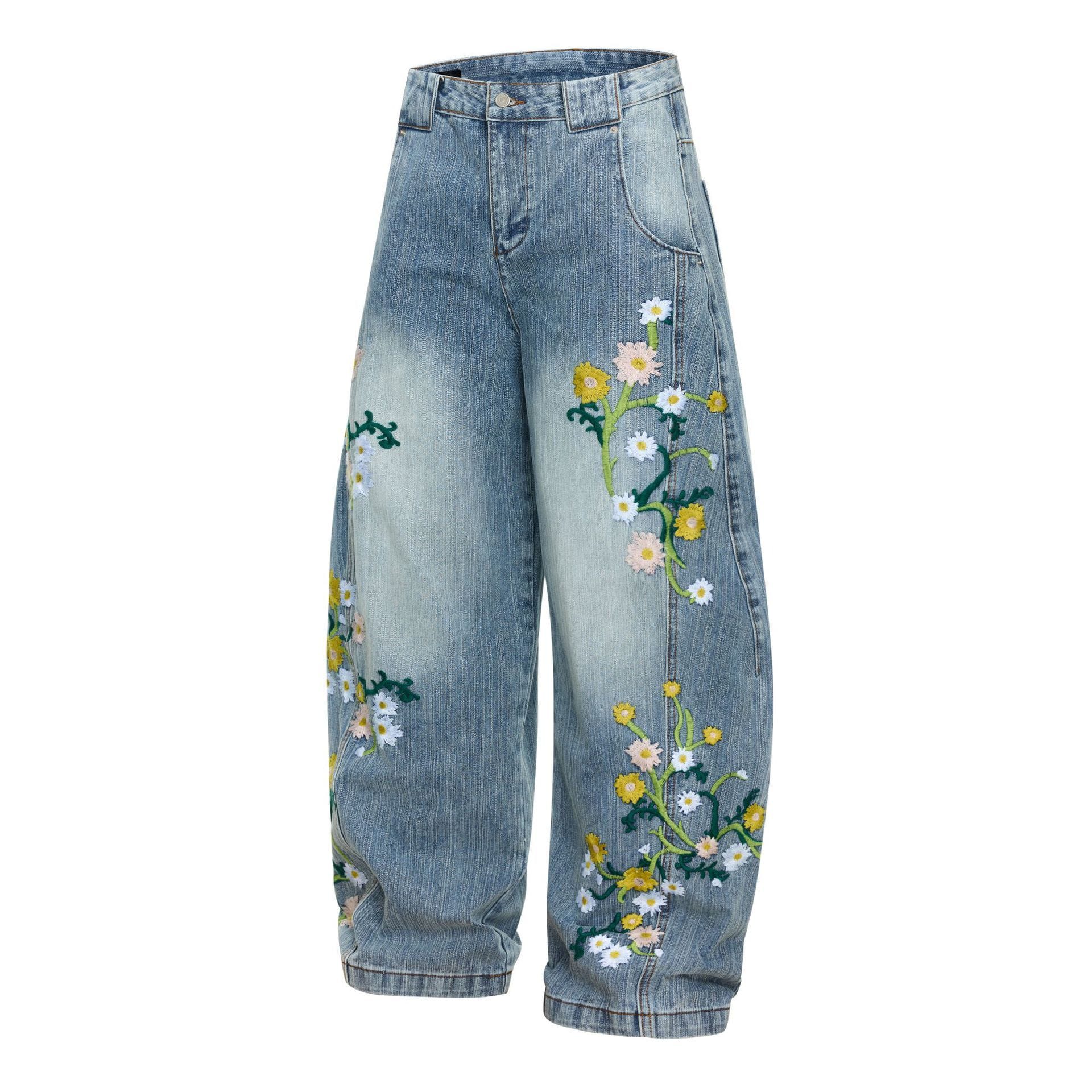Womens High-waisted Relaxed-fit Floral-embroidered Jeans - Image 3
