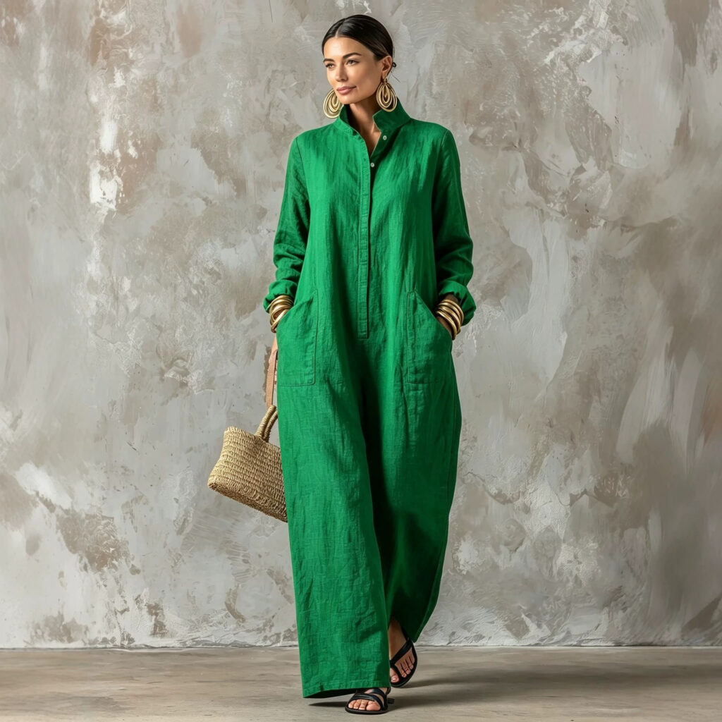 Long-sleeve Mandarin-collar Loose-fit Single-breasted Jumpsuit