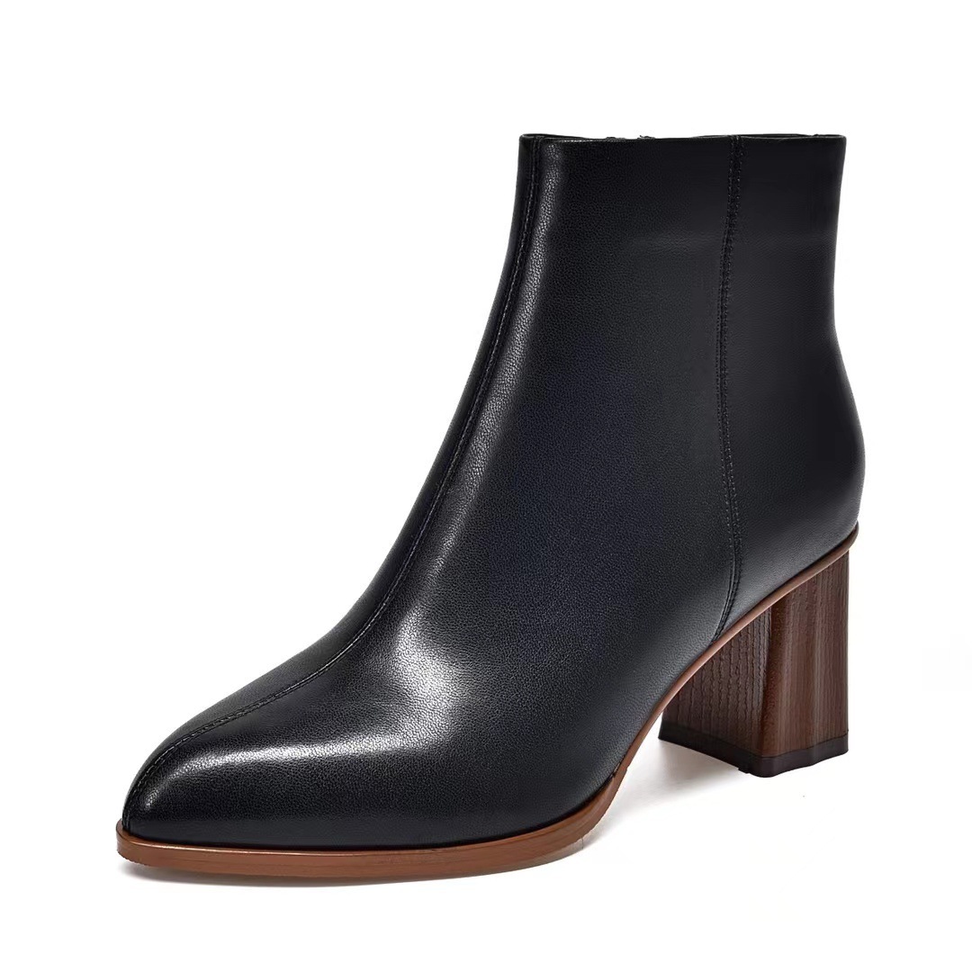 Pointed-toe Wood-grain High-heeled Ankle Boots Womens Sheepskin Boots - Image 6