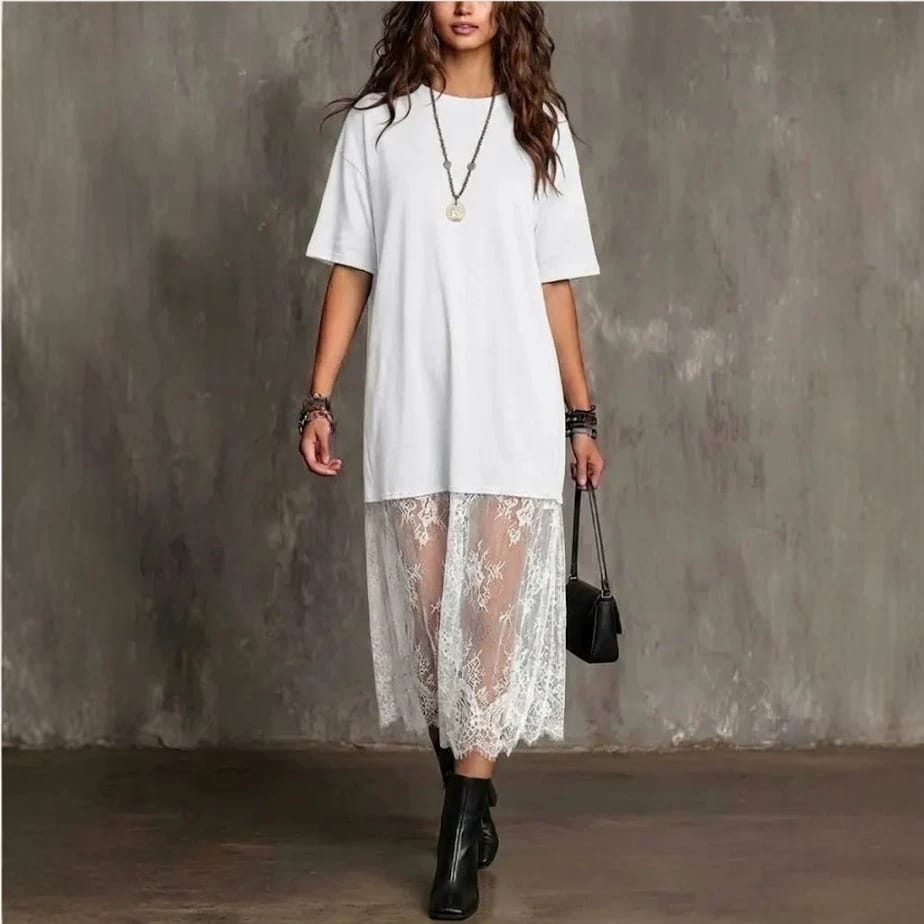 Womens Solid-Color Lace-Patchwork Short-Sleeve Dress - Image 7