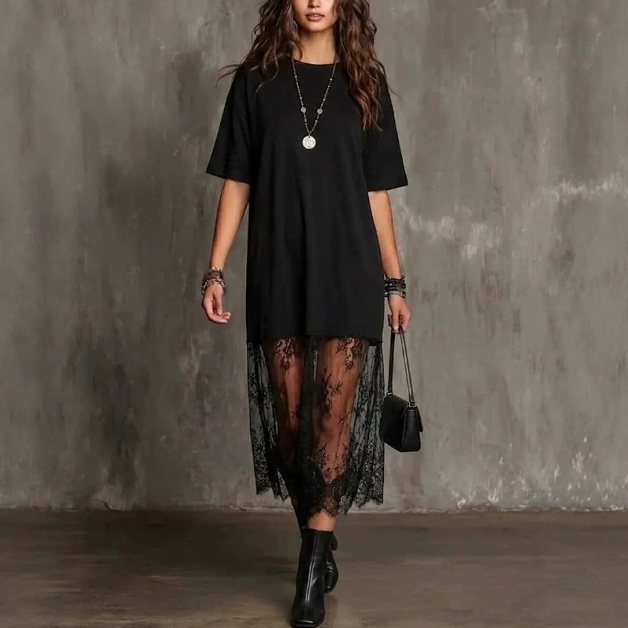 Womens Solid-Color Lace-Patchwork Short-Sleeve Dress - Image 6