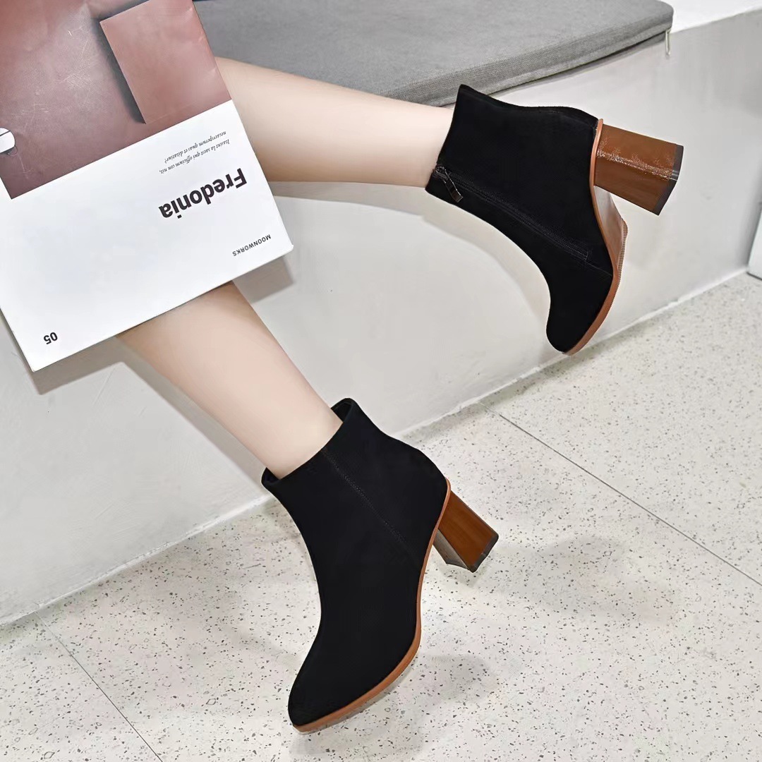 Pointed-toe Wood-grain High-heeled Ankle Boots Womens Sheepskin Boots - Image 5