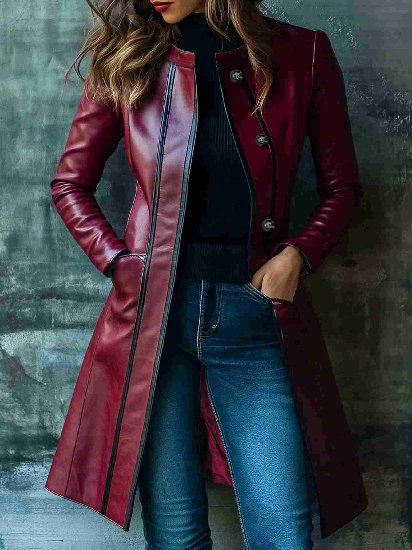 Retro Black Color-block Collar Leather Jacket Trench Coat - Image 4