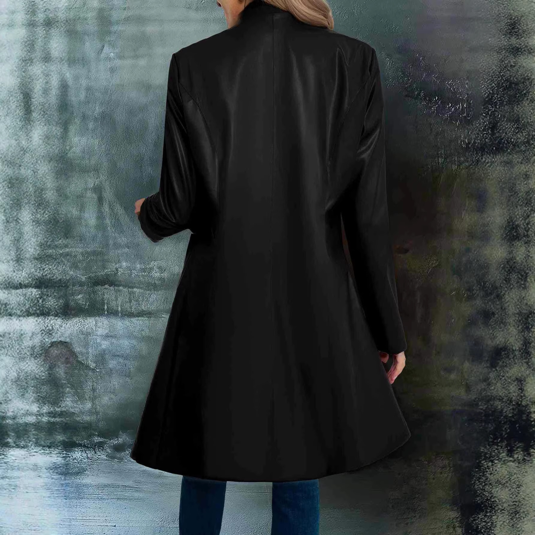 Retro Black Color-block Collar Leather Jacket Trench Coat - Image 7