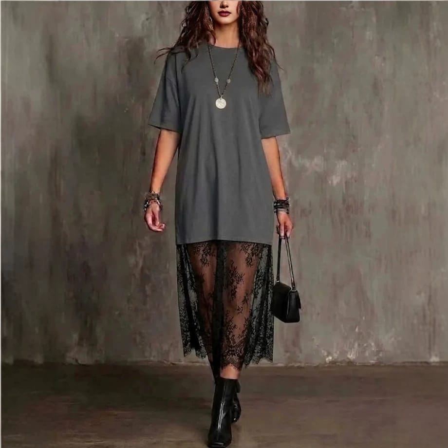 Womens Solid-Color Lace-Patchwork Short-Sleeve Dress - Image 4