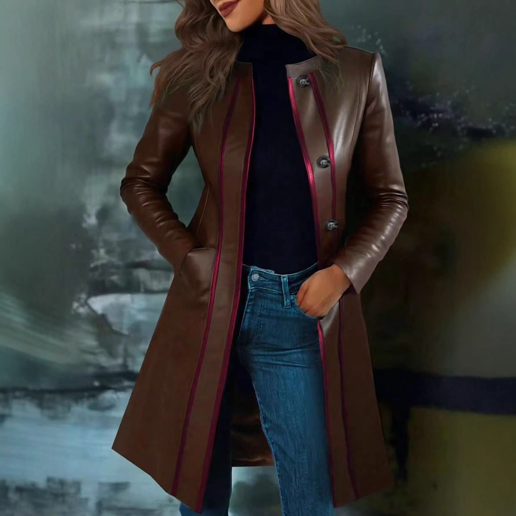 Retro Black Color-block Collar Leather Jacket Trench Coat - Image 3