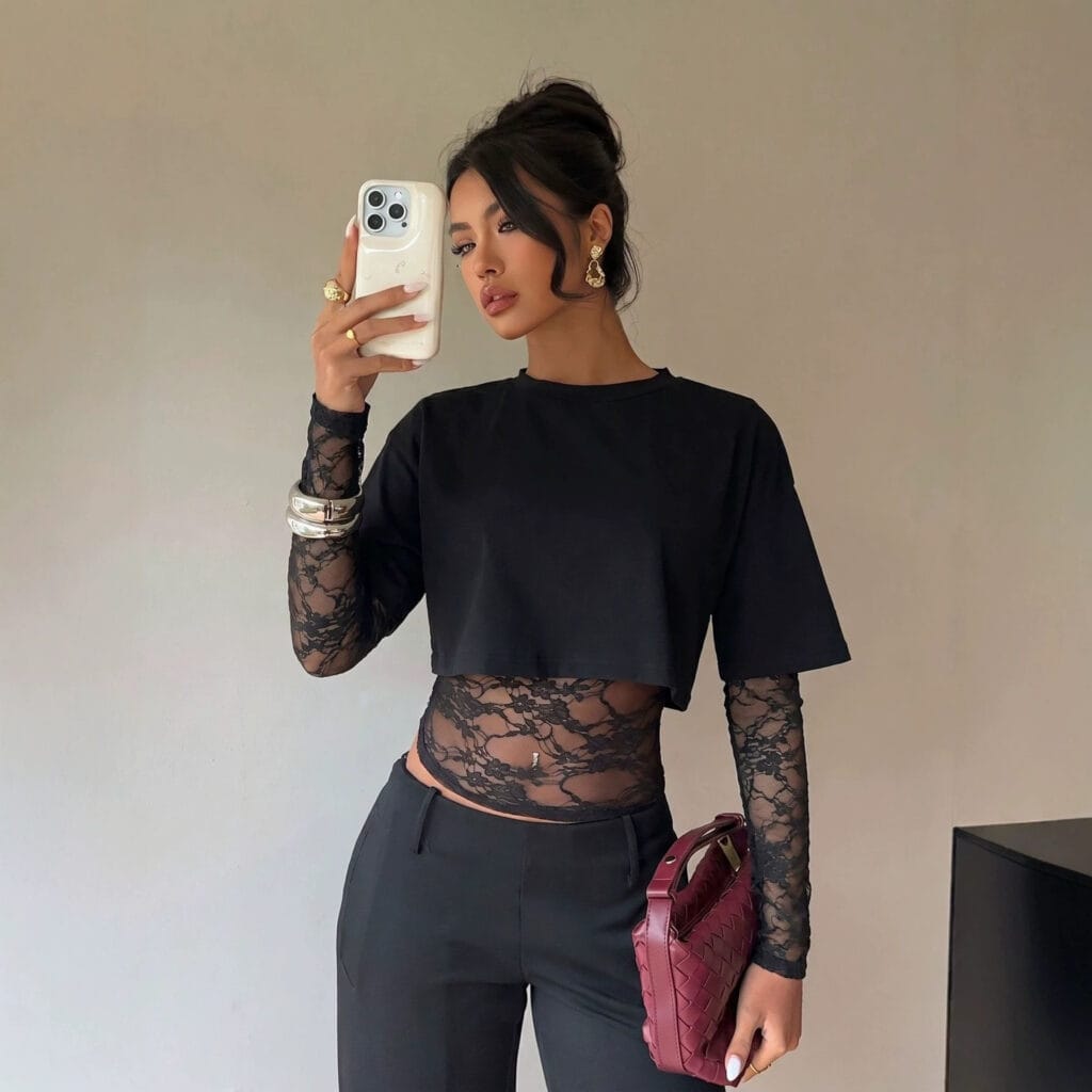 Autumn New Lace Splicing Waist Top