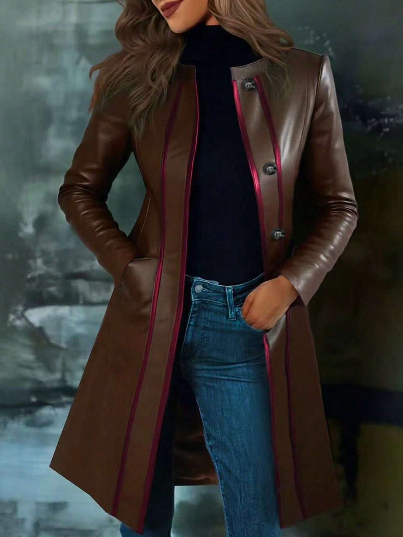 Retro Black Color-block Collar Leather Jacket Trench Coat - Image 2
