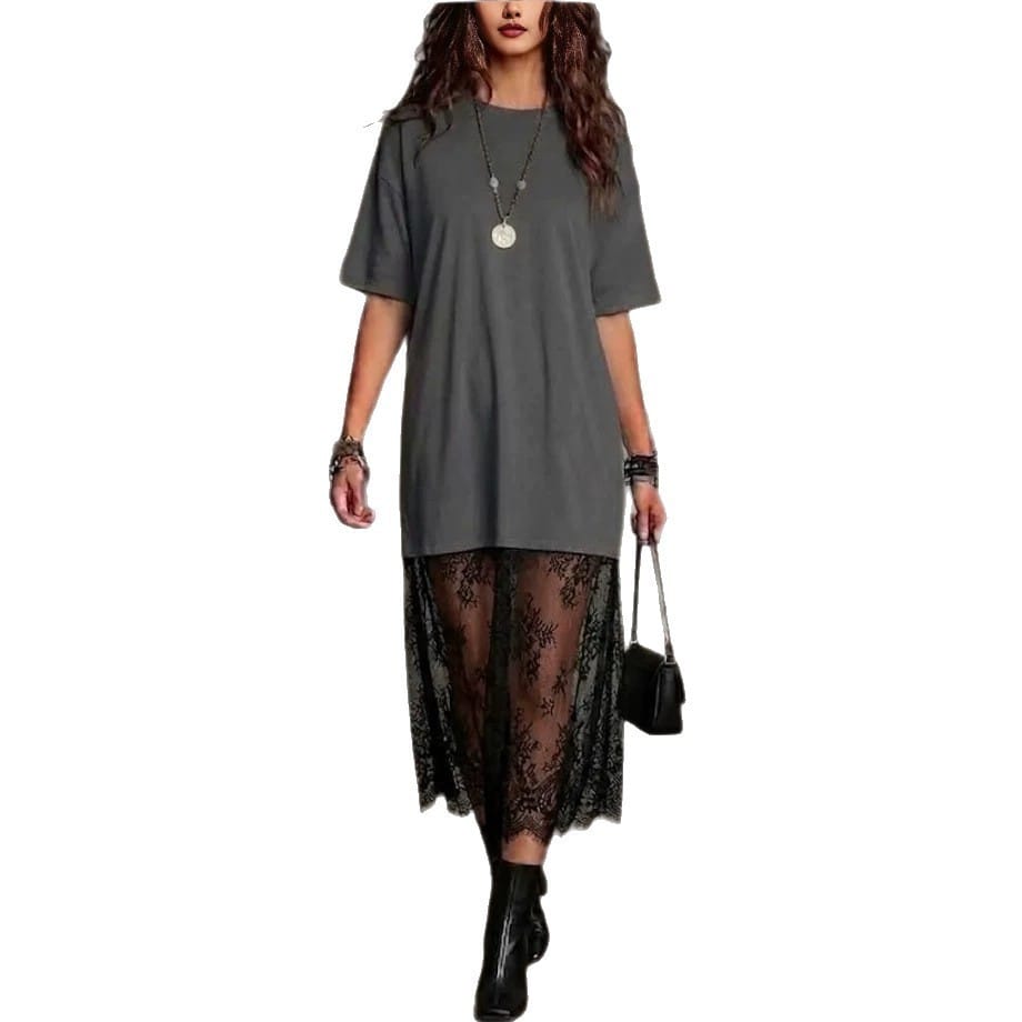 Womens Solid-Color Lace-Patchwork Short-Sleeve Dress - Image 2