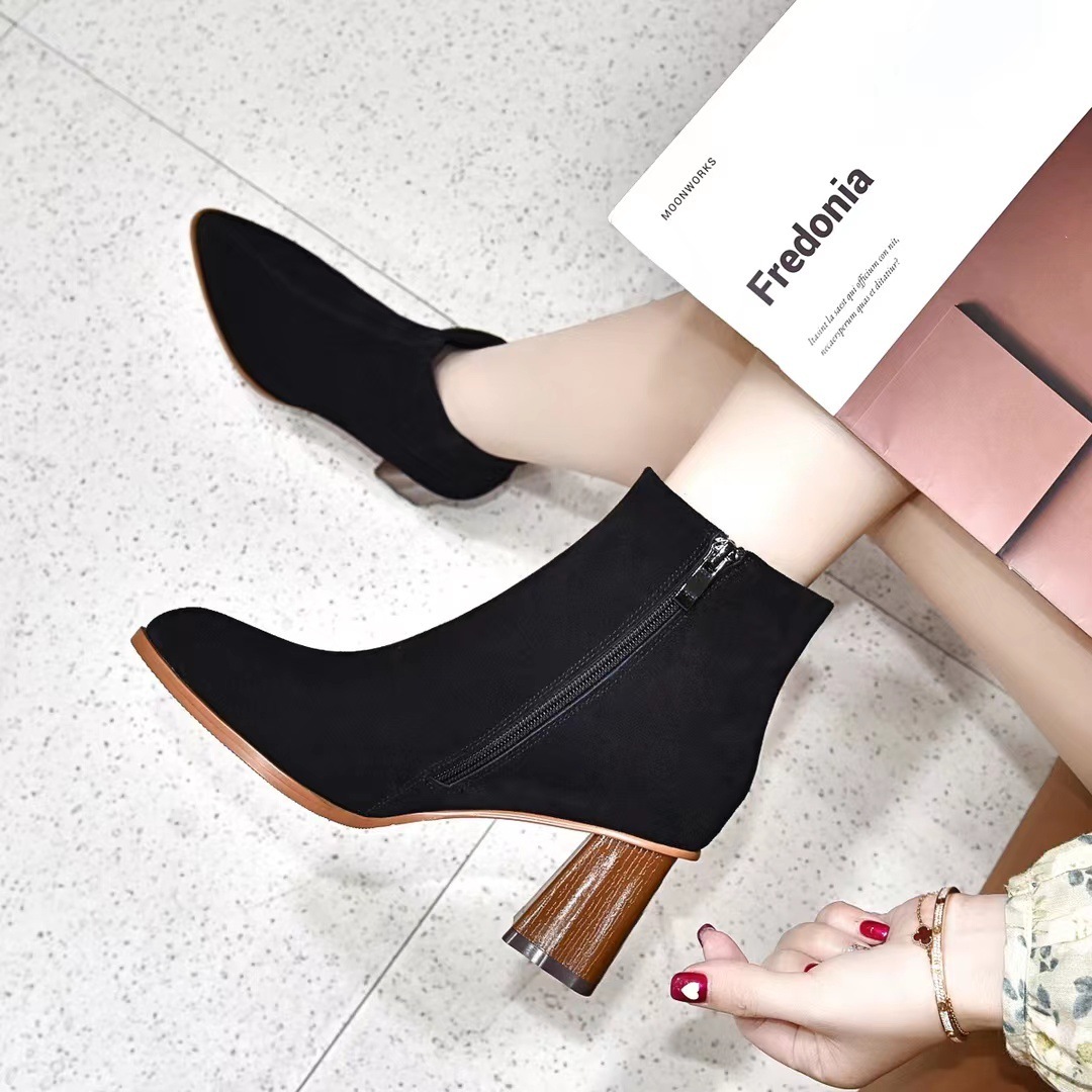 Pointed-toe Wood-grain High-heeled Ankle Boots Womens Sheepskin Boots - Image 3