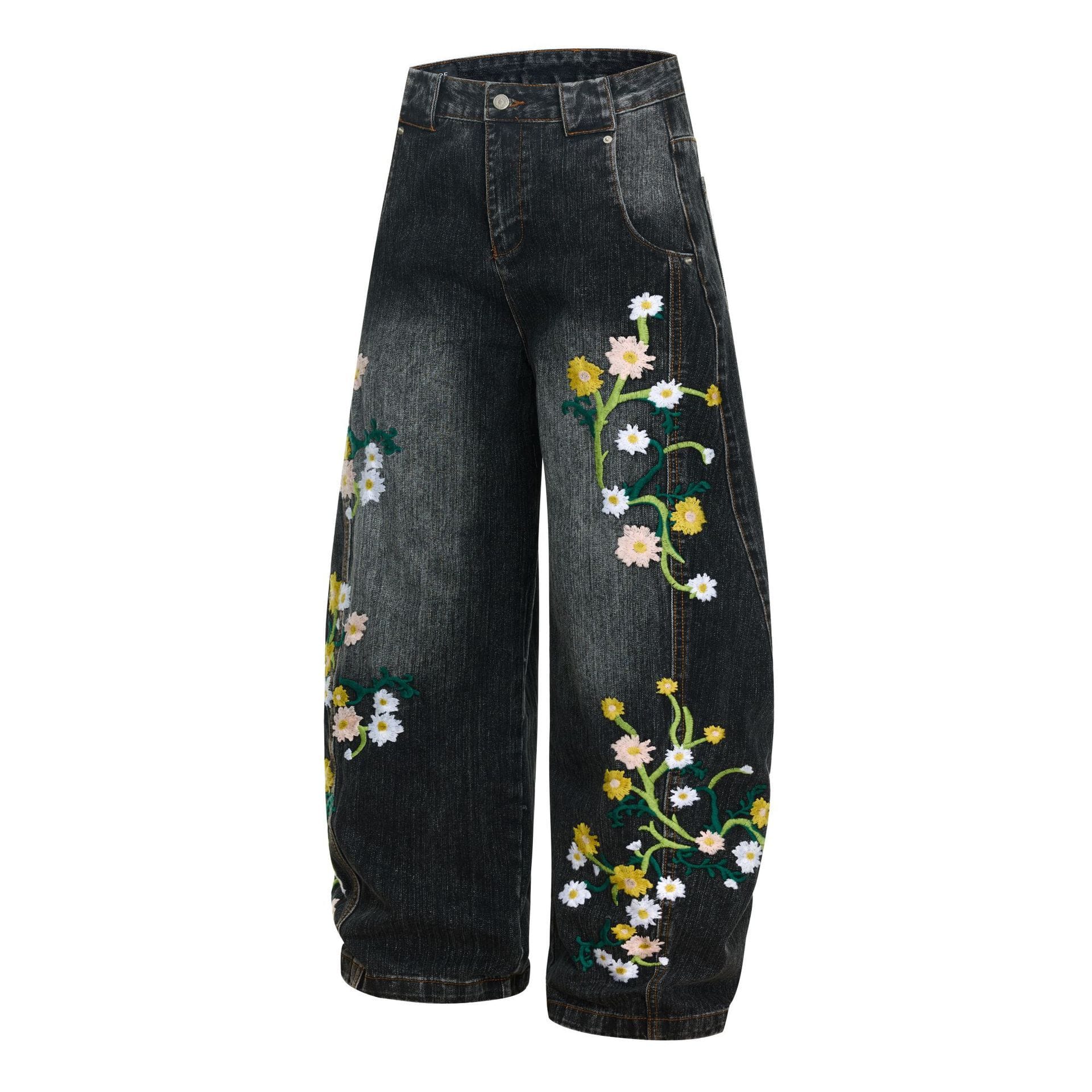 Womens High-waisted Relaxed-fit Floral-embroidered Jeans - Image 2