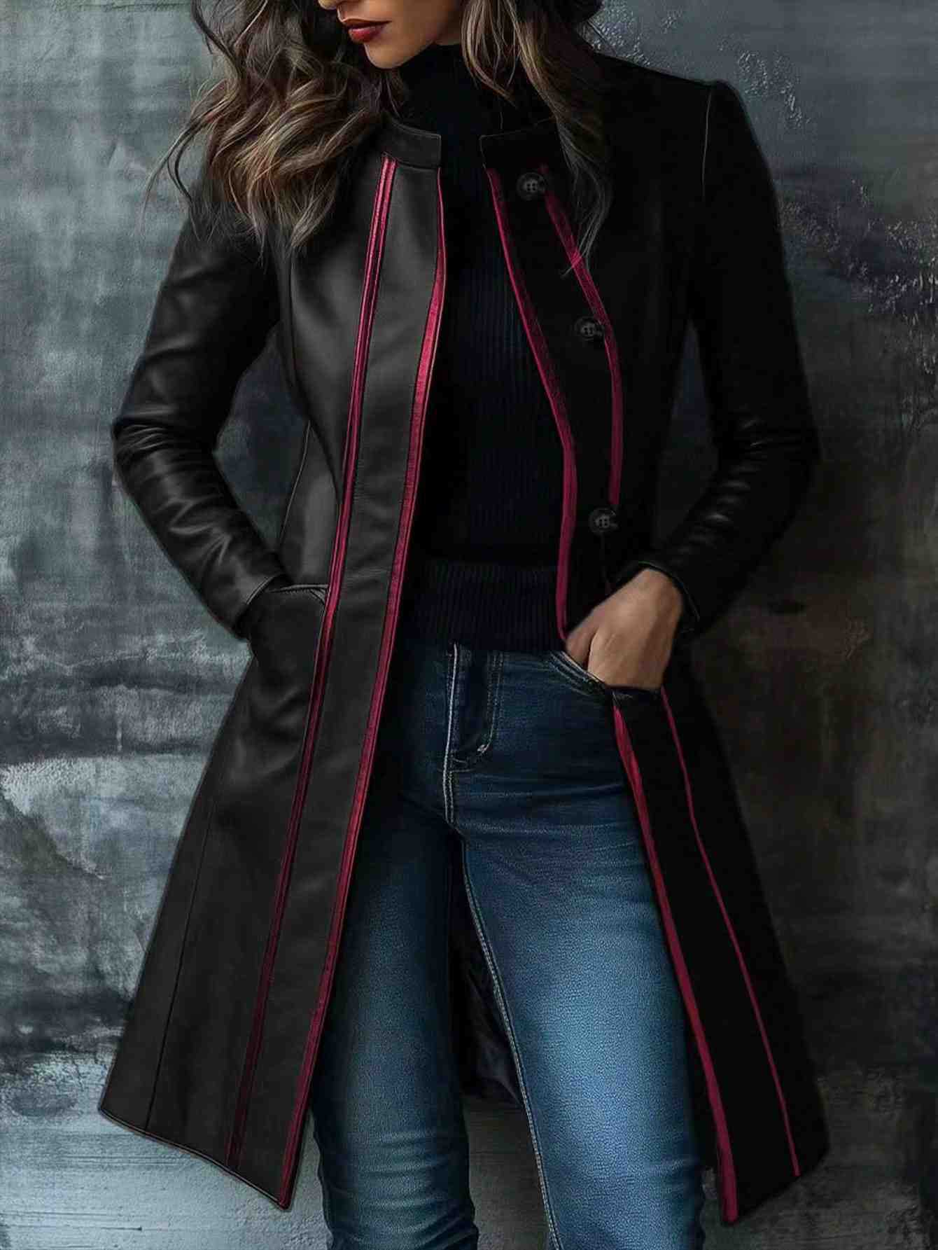 Retro Black Color-block Collar Leather Jacket Trench Coat - Image 6