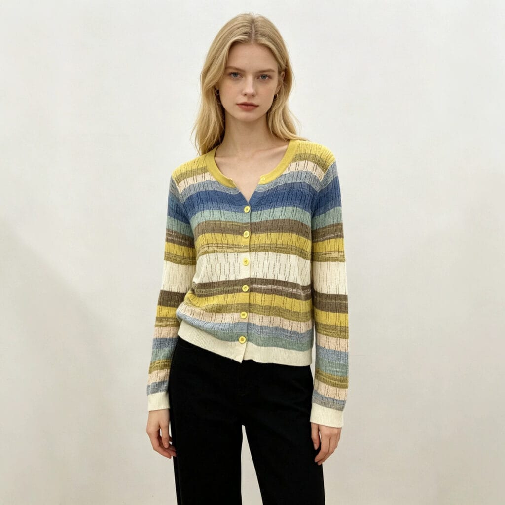 Womens Hollow-Out Color-Block Striped V-Neck Knitted Cardigan Top