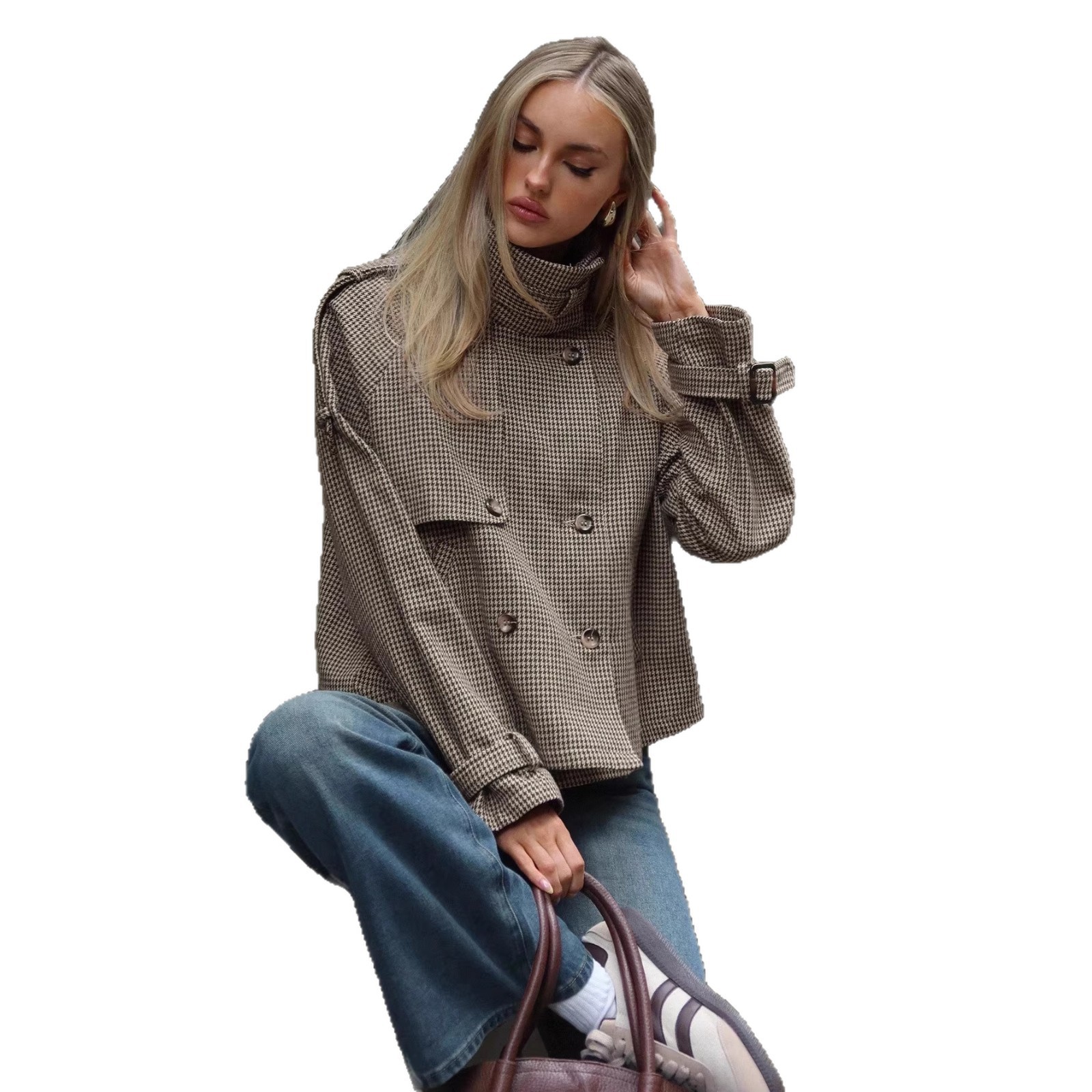 Womens Relaxed-fit Casual Houndstooth Coat - Image 5