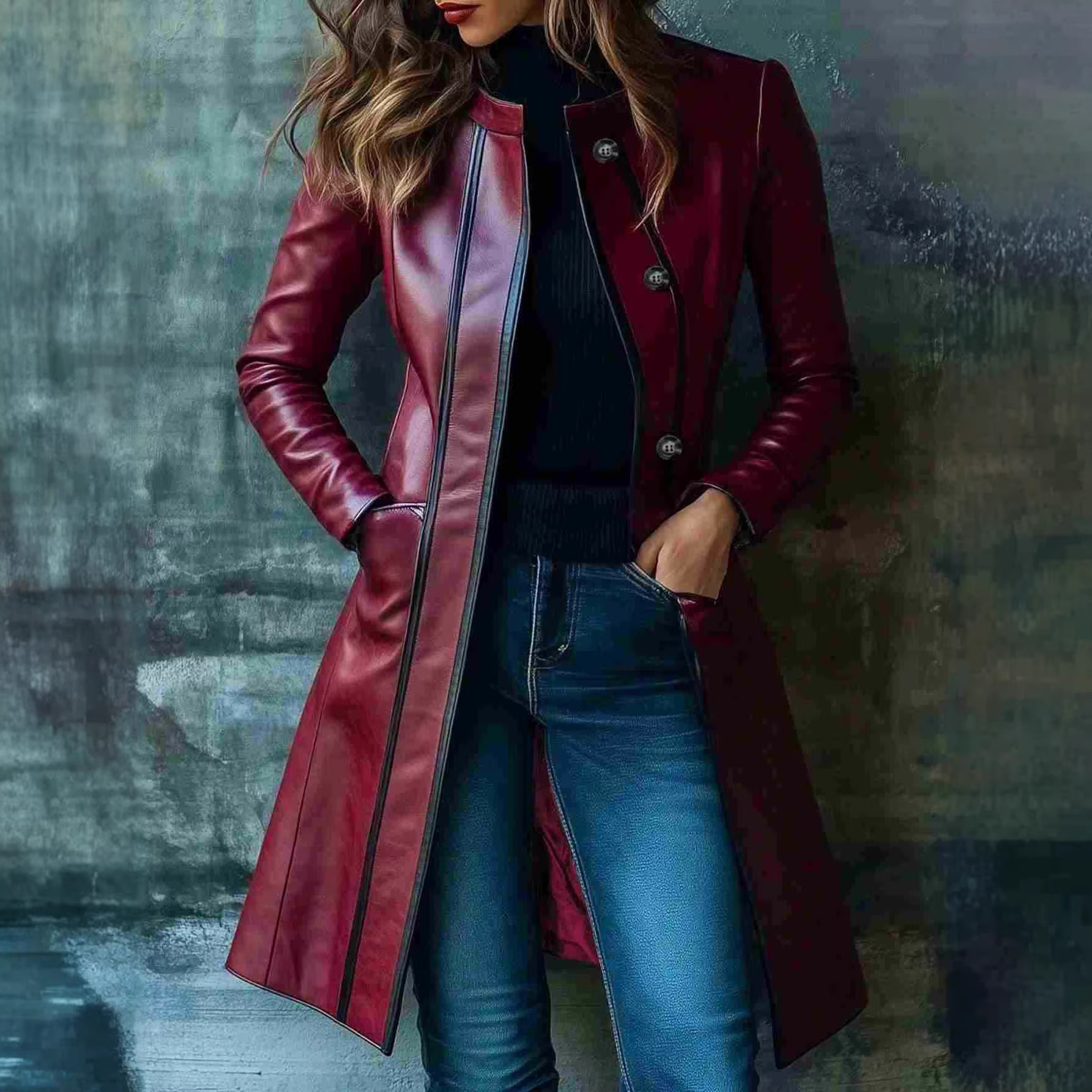 Retro Black Color-block Collar Leather Jacket Trench Coat - Image 5