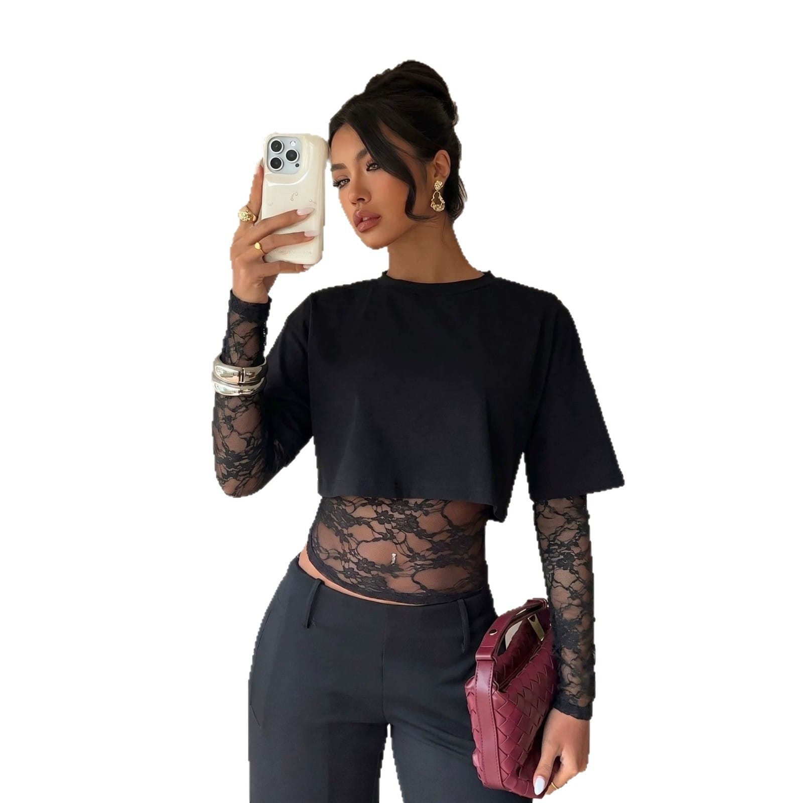 Autumn New Lace Splicing Waist Top - Image 3