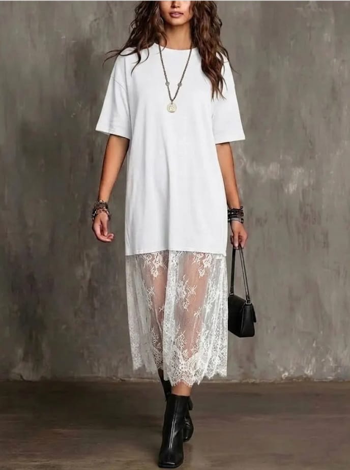 Womens Solid-Color Lace-Patchwork Short-Sleeve Dress - Image 3